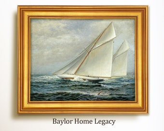 Framed Sailboat Painting, Oil Painting Print on Canvas, Vintage Nautical Sailing Print, Classic Yacht Racing