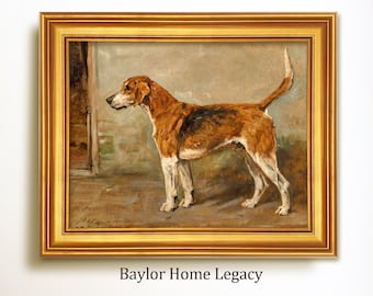Framed Fox Hound Oil Painting Print on Canvas, Fox Hunting Art, English British Dog Décor