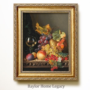 Framed Still Life of Fruit with Wine Glass Oil Painting Print on Canvas in Wood Frame, Vintage Still Life of Fruit for Kitchen