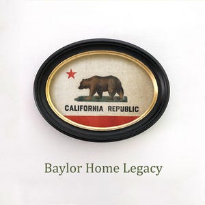California Flag Print in Oval Frame; Print of Vintage California Republic Flag in Wood Oval Frame Behind Glass, CA Flag Framed