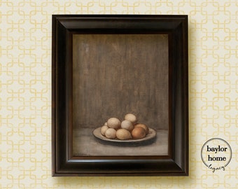 Framed Still Life of Eggs on a Plate, Oil Painting Print on Canvas in Wood Frame