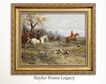 Framed English Fox Hunting Scene Wall Art Canvas Print, Equestrian Hunt Riders Painting, Vintage Country Estate Decor, Horse & Hound Artwork