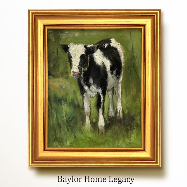 Framed Calf Oil Painting Print on Canvas, Vintage Cow Oil Painting Framed Canvas Art