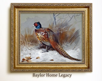 Framed Ring-Neck Pheasant in Landscape, Ringneck Pheasant Painting Print on Canvas, Vintage Bird Print, Cabin Decor, Giclée Wall Art