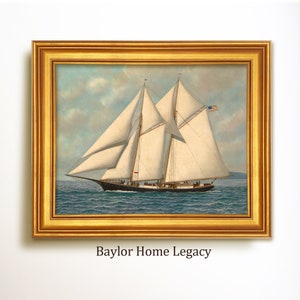 Framed Double Masted Schooner Sailboat Oil Painting Print on Canvas, Vintage Nautical Sailing Print, Yachting Giclée Wall Art