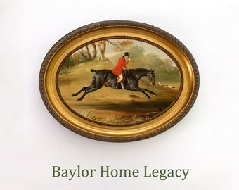 Framed Oval Fox Hunting Canvas Art Print of Antique Oil Painting, Fox Hunting Scene in Oval Frame, Equestrian Wall Art