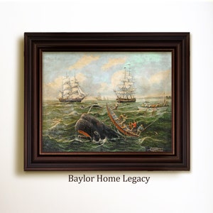 Framed Whaling Oil Painting Print on Canvas, Vintage Nautical Whaling Scene Print, Framed Whale Hunting Canvas Art Print