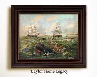 Framed Whaling Oil Painting Print on Canvas, Vintage Nautical Whaling Scene Print, Framed Whale Hunting Canvas Art Print