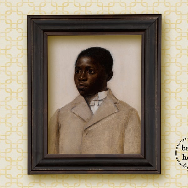 Framed Portrait of a Black Boy in a Beige Suit, Oil Painting Canvas Print, Classic Portrait Wall Art