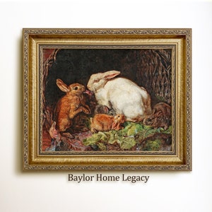 Framed Rabbit Oil Painting Print on Canvas; Antique Rabbit Giclee Art Print; Framed Vintage Rustic Spring Bunnies