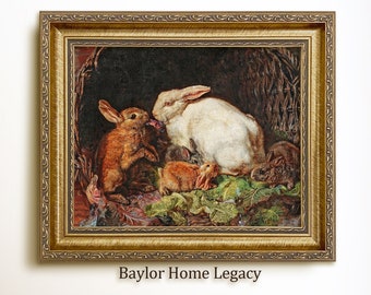 Framed Rabbit Oil Painting Print on Canvas; Antique Rabbit Giclee Art Print; Framed Vintage Rustic Spring Bunnies