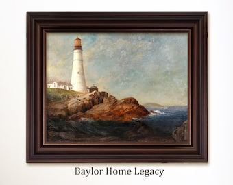 Lienzo enmarcado con la imagen del faro de Portland Head, paisaje marino náutico sobre lienzo, impresión de pintura al óleo de faro sobre lienzo, decoración costera de Nueva Inglaterra.