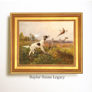 Framed Pointer Flushing Pheasants Oil Painting Canvas Print, Vintage Bird Dog Hunting Scene with Hunter in a Field