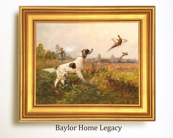 Framed Pointer Flushing Pheasants Oil Painting Canvas Print, Vintage Bird Dog Hunting Scene with Hunter in a Field