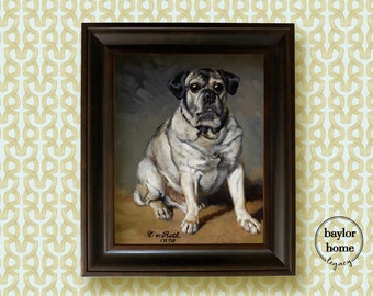 Framed Seated Sliver Fawn Pug Portrait, Oil Painting Print on Canvas, Dog Art, Vintage Art