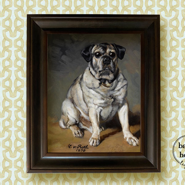 Framed Seated Sliver Fawn Pug Portrait, Oil Painting Print on Canvas, Dog Art, Vintage Art