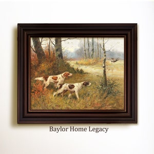 Framed Pointers Hunting Pheasant in a Field Oil Painting Canvas Print, Pheasant Hunting Dogs Vintage Rustic Country Cottage Wall Art