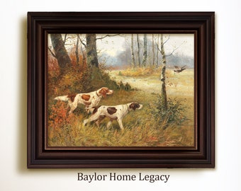 Framed Pointers Hunting Pheasant in a Field Oil Painting Canvas Print, Pheasant Hunting Dogs Vintage Rustic Country Cottage Wall Art