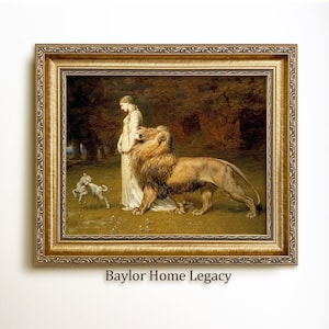 Framed Lady, Lion and Lamb Vintage Oil Painting Canvas Print, Framed Mythology Fairy Queen Canvas Art Oil Print