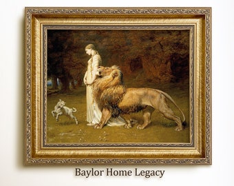 Framed Lady, Lion and Lamb Vintage Oil Painting Canvas Print, Framed Mythology Fairy Queen Canvas Art Oil Print