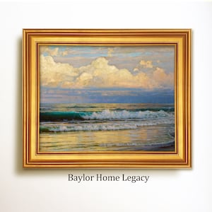 Framed Ocean Oil Painting Print on Canvas, Vintage Ocean Waves and Cloudy Sky Wall Art, Waves and Sky Ocean Seascape Picture, Wood Frame