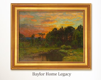 Cuadro en lienzo con paisaje de puesta de sol enmarcado, decoración de pared estilo vintage con amanecer, pintura impresionista de estanque, obra de arte tradicional para sala de estar.