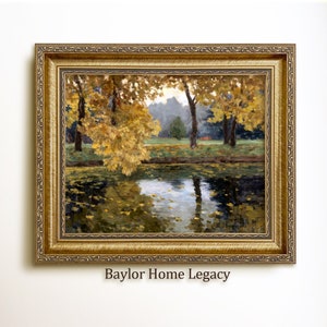 Framed Country Landscape with Fall Foliage and Stream Oil Painting Canvas Print,  Vintage Autumn Landscape, Fall Foliage Scene Artwork