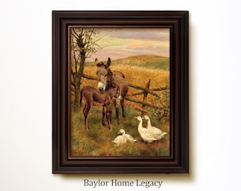 Framed Donkey and Ducks Oil Painting, Vintage Ducks and Donkey Art Print, Vintage Country Cottage Wall Art, Donkey Rustic Farmhouse Decor