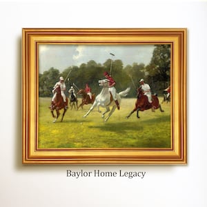 Framed Polo Scene Oil Painting Print on Canvas, Vintage Polo Players Wall Art, Polo Game Art for Wall