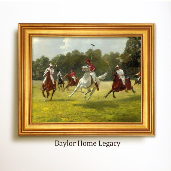 Framed Polo Scene Oil Painting Print on Canvas, Vintage Polo