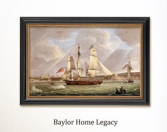 British Naval Ship, Canvas Art Print of Antique Oil Painting in Wood Frame, Framed or Unframed Sailing Ship, Sailboat Art Framed or Unframed