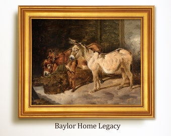 Framed Donkey Oil Painting Print on Canvas, Framed Donkeys Canvas Art Print of Antique Painting, Fine Art Donkey Print on Canvas