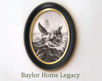 Framed Whaling Scene Print in Oval Frame, Black & White Fade Proof Print of Whalers Harpooning a Whale in Solid Wood Oval Frame Behind Glass