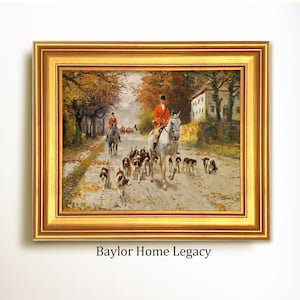 Framed Fox Hunt Scene Oil Painting Canvas Print, Classic Equestrian Fox Hunting Scene Wall Art, Vintage English Fox Hunting Landscape