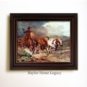 Framed Cowboy on a Cattle Drive Oil Painting Print on Canvas, Vintage Longhorn Steer and Cowboy Artwork