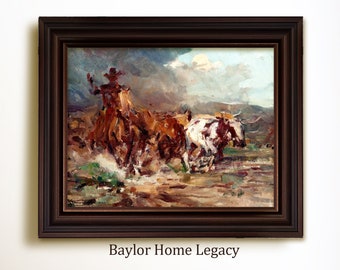 Framed Cowboy on a Cattle Drive Oil Painting Print on Canvas, Vintage Longhorn Steer and Cowboy Artwork