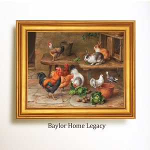 Framed Chickens Rabbits and Pigeons Canvas Art Print of Antique Oil Painting, Framed Country Barnyard Scene Oil Painting Print on Canvas
