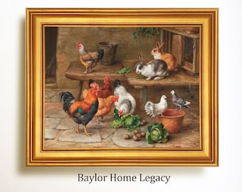 Framed Chickens Rabbits and Pigeons Canvas Art Print of Antique Oil Painting, Framed Country Barnyard Scene Oil Painting Print on Canvas