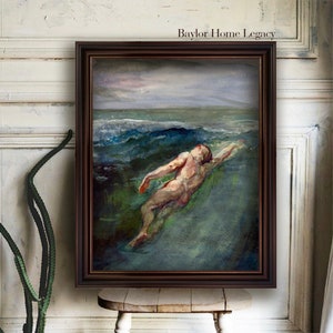 May include: A framed watercolor painting depicting a nude figure swimming in a stormy sea. The painting has a dark blue, green, and gray color scheme.