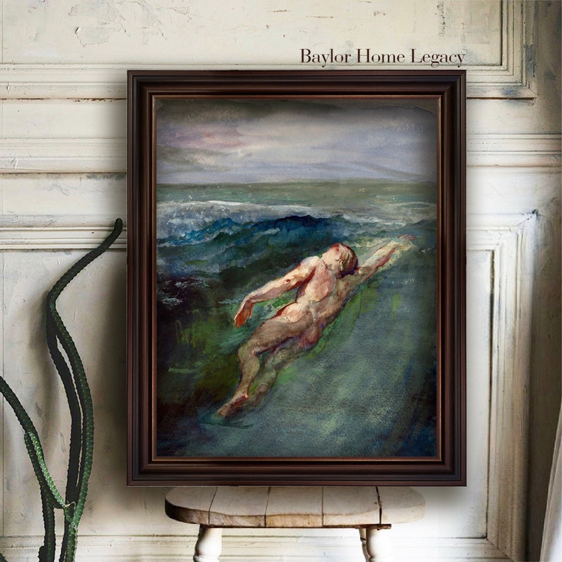 May include: A framed watercolor painting depicting a nude figure swimming in a stormy sea. The painting has a dark blue, green, and gray color scheme.
