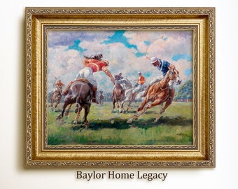 Framed Polo Oil Painting Print on Canvas, Vintage Polo Game Wall Art, Polo Match Painting, Polo Scene