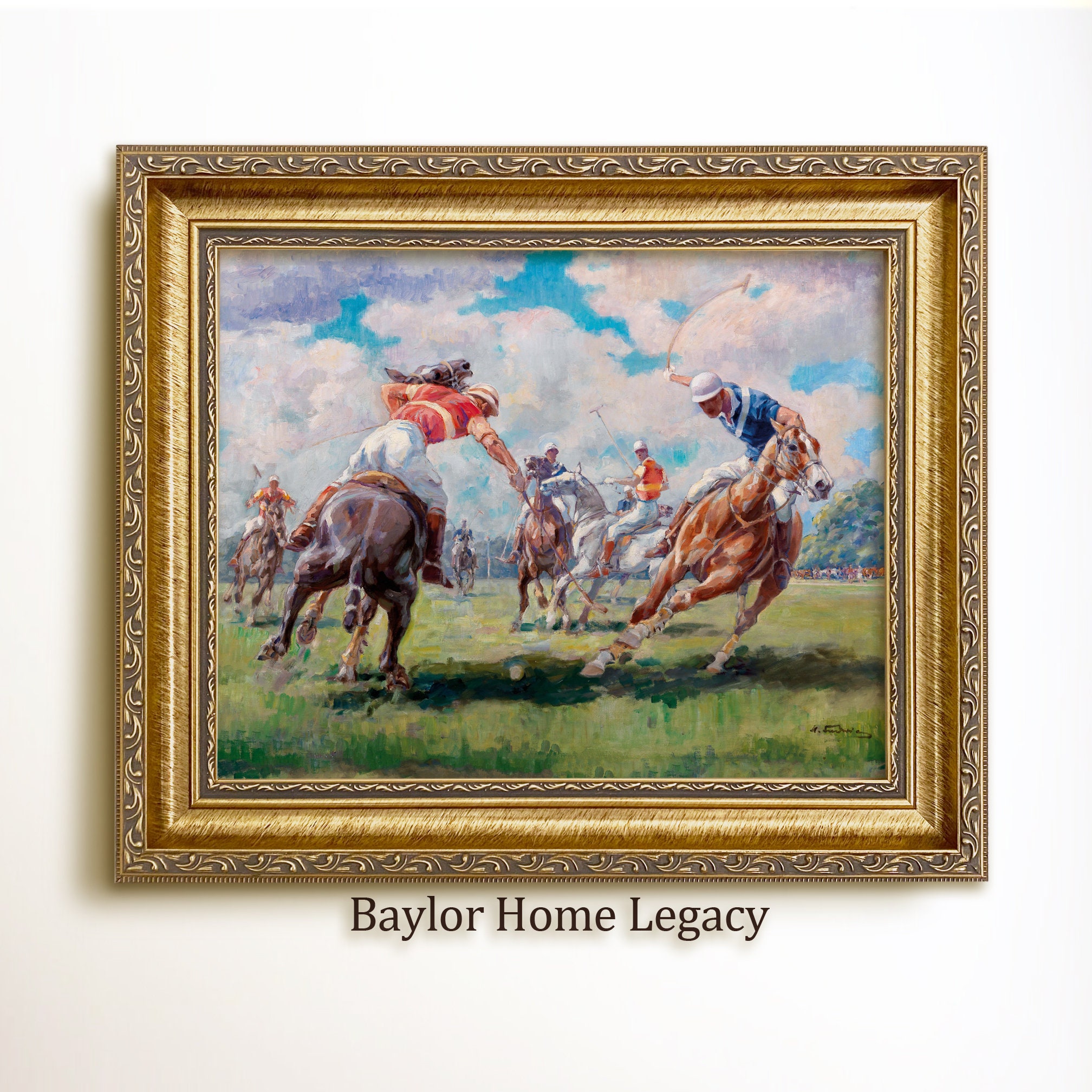 Framed Polo Oil Painting Print on Canvas, Vintage Polo Game Wall