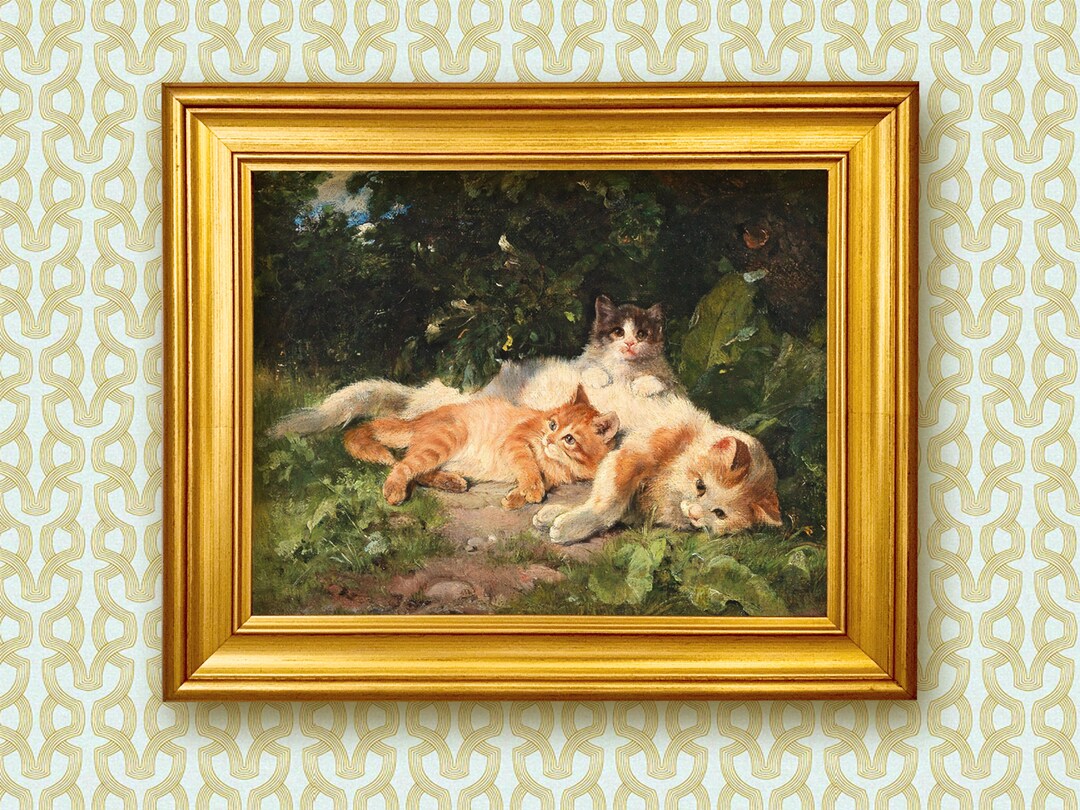 Framed Cat and Kittens Oil Painting Canvas Print, Cat and Kitten in Landscape Vintage Rustic