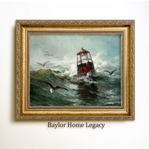 Framed Bouy in Rough Seas with Seagulls Oil Painting Canvas Print, Framed Vintage Seascape Print, Nautical Ocean Artwork