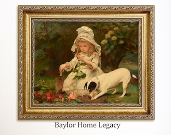Cuadro enmarcado de una niña y un perro, impresión al óleo sobre lienzo, decoración vintage para habitación infantil, arte mural de un perro cavando, niño y cachorro en el jardín.
