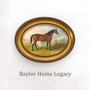 Framed Horse Art Print of Antique Oil Painting on Canvas, Horse Painting Print in Wood Oval Frame, Horse Art