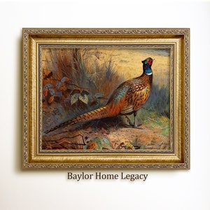 Framed Ring-Neck Pheasants in Landscape, Ringneck Pheasant Painting Print on Canvas, Vintage Bird Print, Cabin Decor, Giclée Wall Art