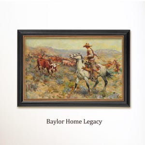 Cowboy Oil Painting Print on Canvas of Original Painting, Framed or Unframed Western Canvas Art Print of Cowboy and Cattle, Cowboy Art Print