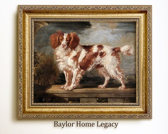 May include: A framed painting of a brown and white dog standing on a wooden platform. The dog is a spaniel with long, flowing ears and a fluffy tail. The painting is set against a backdrop of a green forest and a cloudy sky. The frame is ornate and gold in color. The text "Baylor Home Legacy" is printed below the frame.