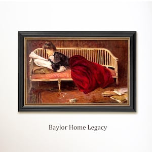Framed Woman Reading Canvas Art Print of Antique Oil Painting, Oval Wood Framed Lady Reading Oil Painting Print on Canvas, Reading Art